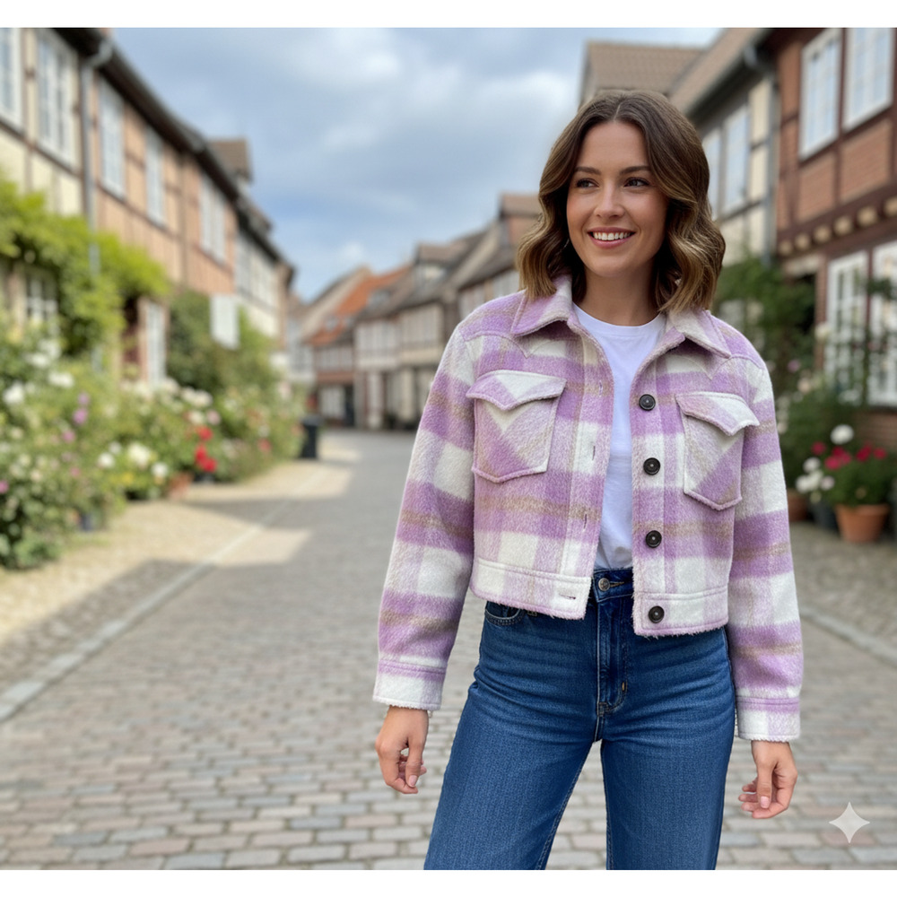 Avec Les Filles Pink Lilac Plaid wool blend cozy Sherpa lined Crop jacket Sz -S